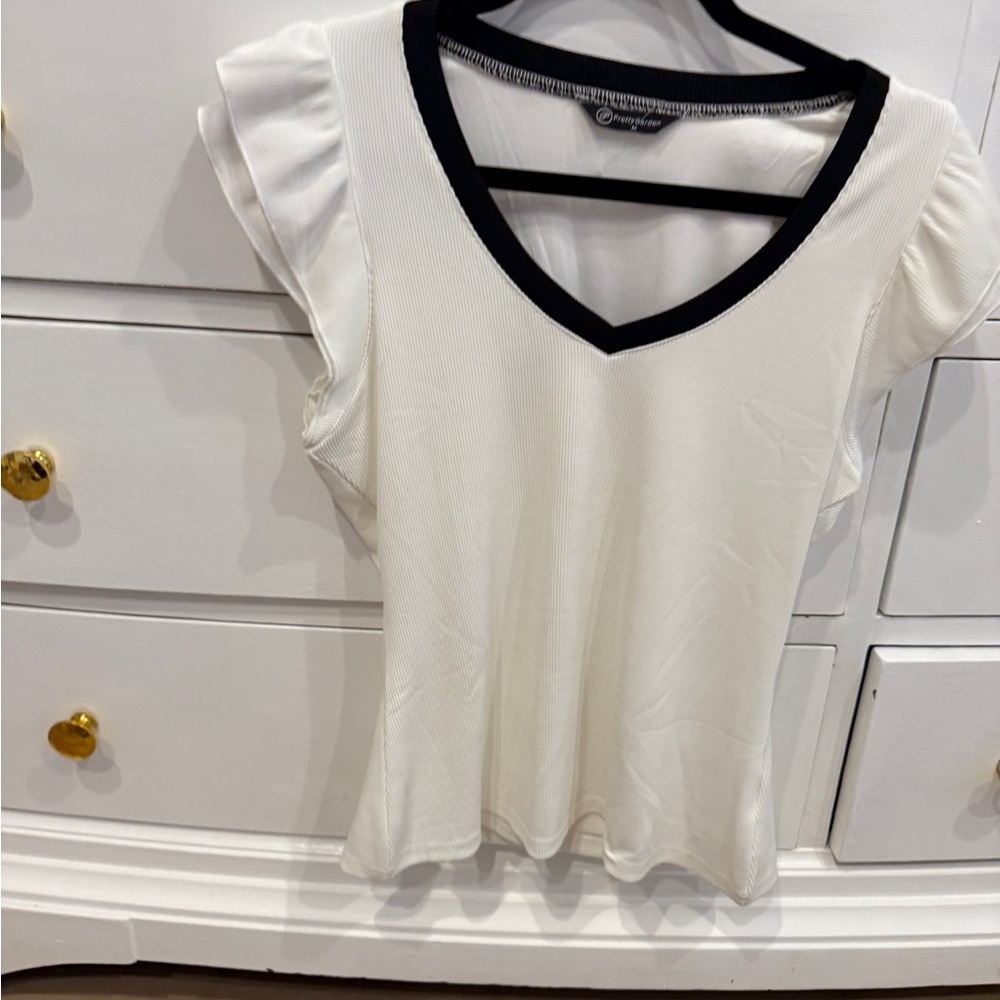 White V-Neck Top with Black Trim